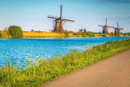 Old wooden windmills on the waterfront, Kinderdijk, Netherlands