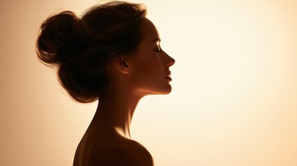 Obraz premium Elegant Woman Profile Silhouette with Soft Golden Backlight, Featuring Updo Hairstyle