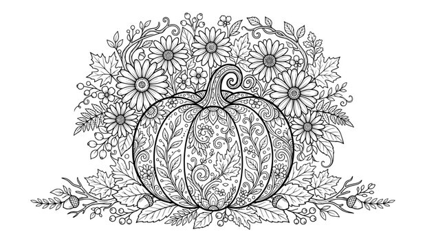 A beautiful hand drawn pumpkin decorated with intricate floral patterns surrounded by autumn leaves flowers and acorns for a relaxing adult coloring book page design