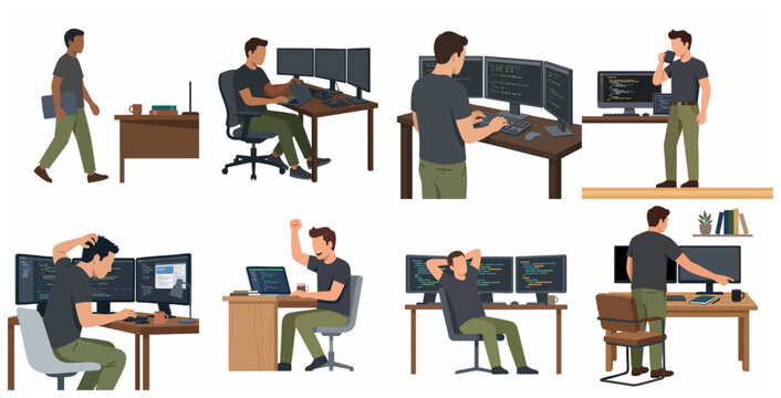 Male software developer character set working at desk with monitors in various poses of coding, celebrating success, and troubleshooting flat vector illustration.