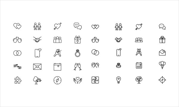 Set outline icons related to relationship, friendship. Linear icon collection. Editable stroke. Vector illustration
