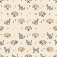 Fototapeta premium Minimalist puppy and cat silhouettes with paw prints on oatmeal cream seamless pattern background for pet care