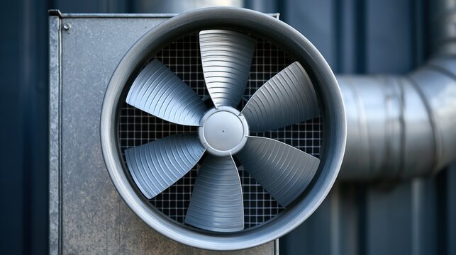Industrial ventilation fan with metal ductwork, promoting air circulation and climate control