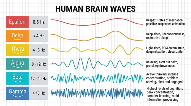 Human Brain Waves Infographic Showing Epsilon Delta Theta Alpha Beta and Gamma Frequencies and Mental States