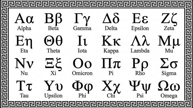 Complete Greek Alphabet Chart with Uppercase and Lowercase Letters and Names in a Decorative Meander Border