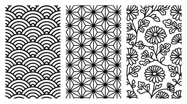 Traditional Japanese vector pattern panels with seigaiha waves geometric asanoha and floral chrysanthemum motifs