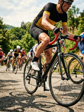 Professional Cyclists Racing on a Mountain Road During a Competitive Road Bike Event in Summer