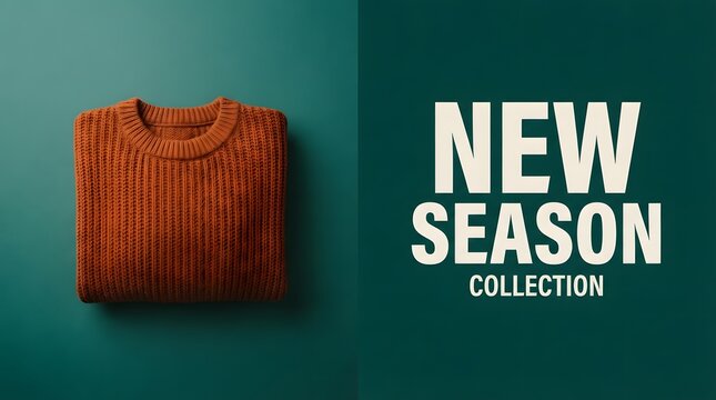 New season collection banner featuring a folded burnt orange knitted sweater on a dark green background, perfect for autumn fashion retail marketing