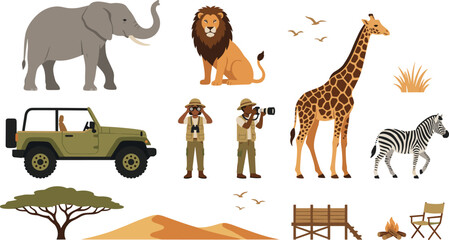 Fototapeta premium African Safari Wildlife and Adventure Tourism Flat Vector Icon Set with Animals and Explorer Characters