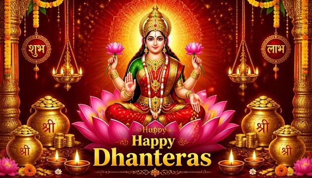 Goddess lakshmi seated on a lotus flower with offerings and golden coins on dhanteras festival