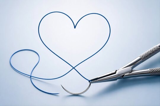 Medical vector illustration of surgical suture thread forming a heart shape held by a needle holder forcep