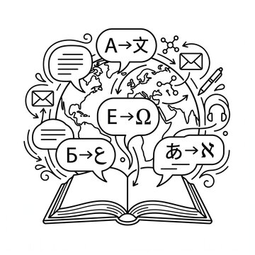 Global Language Translation Concept With Open Book, Speech Bubbles And World Map Icons