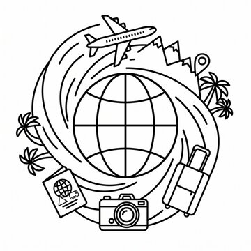 Travel Globe With Airplane, Passport, Camera and Suitcase Icon Set Representing Vacation and Adventure