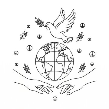 Dove Over Globe With Olive Branch and Helping Hands Symbolizing World Peace and Unity