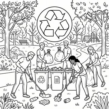 Community Recycling Cleanup In Park With Volunteers Collecting Trash And Sorting Recyclables Together