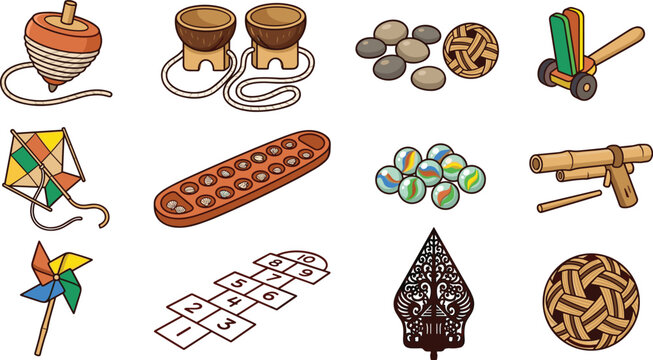 Traditional Southeast Asian Folk Games and Cultural Wooden Toy Objects Flat Vector Icon Illustration Collection Set