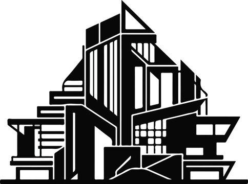 Abstract architectural structure silhouette with geometric facade and multi level design
