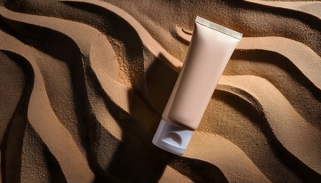 Blank cosmetic cream tube mockup on wavy sand background with dramatic warm shadows
