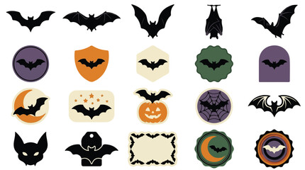 Fototapeta premium Halloween bat silhouettes and icons set, 20 spooky flying bat vector elements, black bat stickers for autumn holiday decor isolated PNG with Transparent Background Halloween,Editable EPS