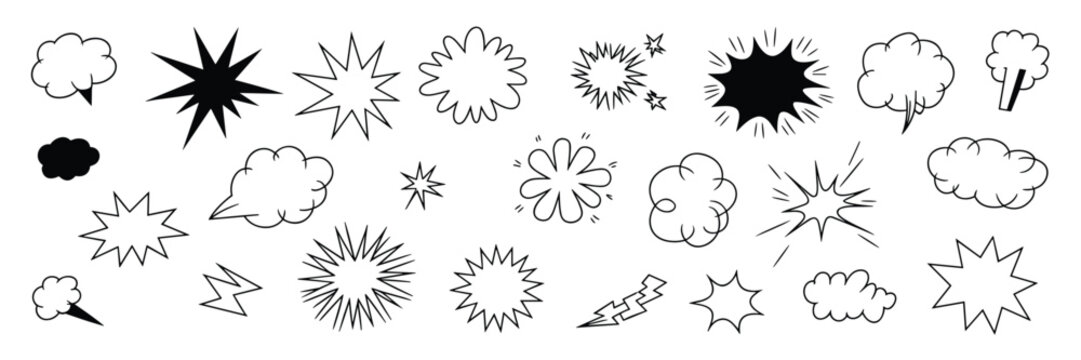 Set of hand drawn comic book style speech bubbles and explosion shapes for graphic design elements isolated on a white background