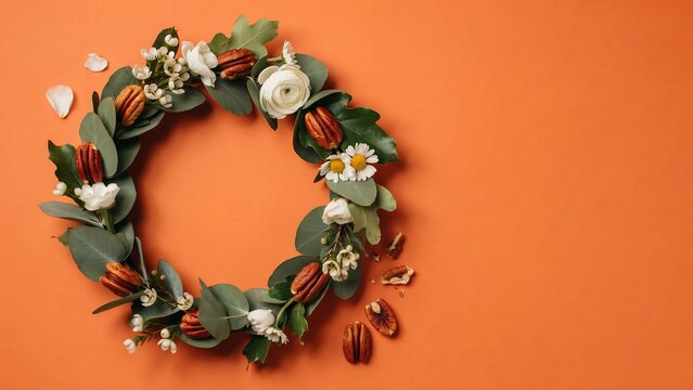 Floral wreath made of eucalyptus leaves pecans and white flowers on an orange background