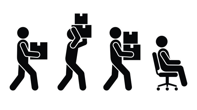 Stick figure illustrations showing daily work activity and sedentary office lifestyle flow