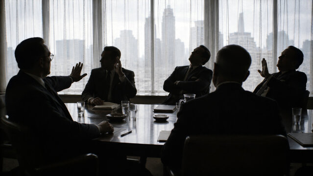 Business executives debating around a conference table during a tense corporate meeting with city skyline in the background