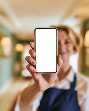 Smiling restaurant server holding up smartphone with blank white screen for app promotion