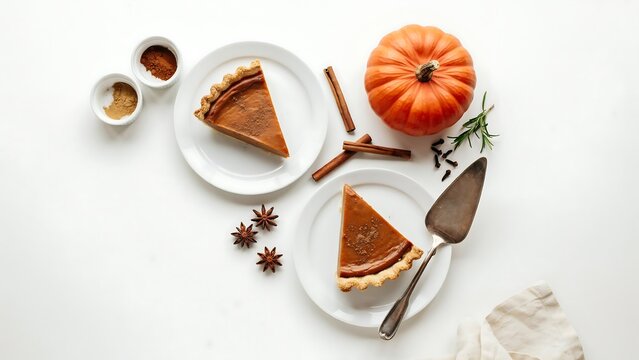 Two slices of pumpkin pie on white plates with a whole pumpkin cinnamon sticks and star anise on a white background
