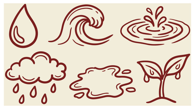 Set of weather and nature hand drawn doodle icons featuring water drop ocean wave raindrop ripple cloud puddle and sprouting plant nature doodles rain cloud ripple effect environment
