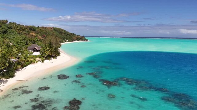 Aerial view moving forward along a white sand beach in Bora Bora, showcasing palm trees, shallow coral reefs, and vibrant multi-toned turquoise lagoon waters