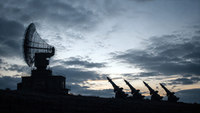 Military radar station with surface to air missiles silhouetted against a dramatic cloudy sky at dusk