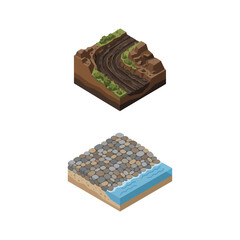 Obraz premium Isometric 3D Landscape Terrain Tiles Featuring Natural Rocky Soil Ground and River Shoreline Cross Sections