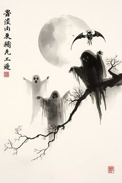 Spooky ghosts and flying bat under a full moon in traditional east asian ink wash painting style with traditional art halloween background oriental art tree branch chinese ink black and white