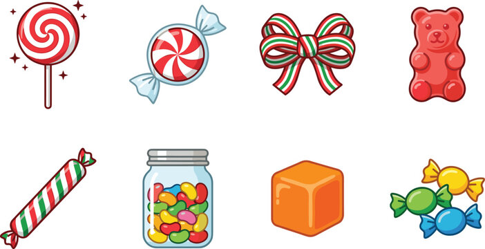 Set of hand drawn vector illustrations featuring colorful candies, lollipops, jelly beans, and sweet treats