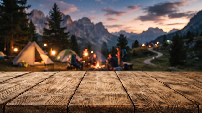 Wooden table background of free space for your decoration and blurred background of camping in mountains. copy space product