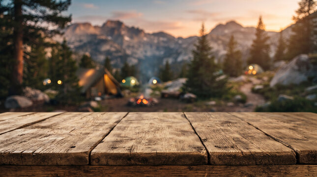 Wooden table background of free space for your decoration and blurred background of camping in mountains. copy space product