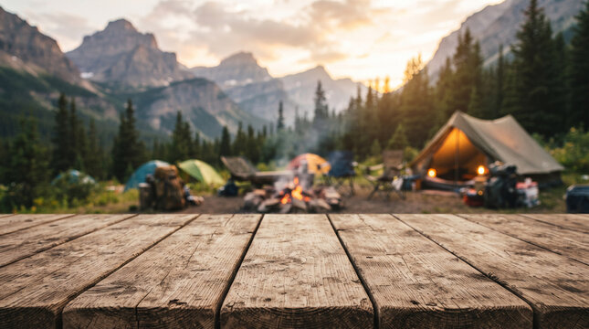 Wooden table background of free space for your decoration and blurred background of camping in mountains. copy space product