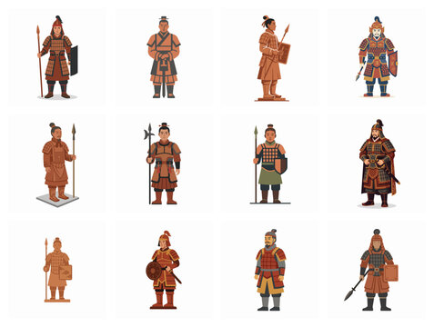 Ancient Chinese Warrior Soldier Vector Character Illustration Set