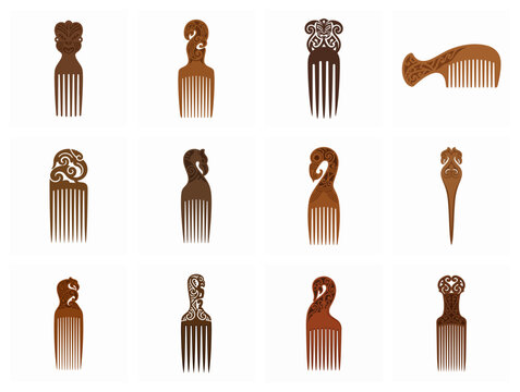 Set Of Traditional Maori Heru Wooden Hair Combs With Tribal Motifs