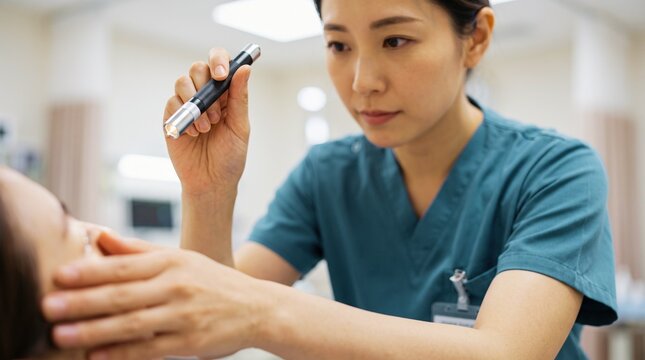 Close-up of a female nurse and a patient as she checks the pupillary light reflex with a penlight