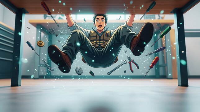 Dynamic anime-style illustration of a man falling off a workbench with tools flying everywhere