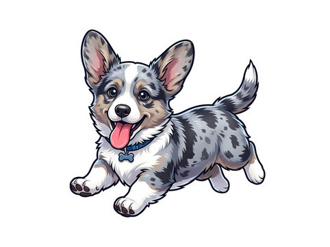 Playful cartoon corgi dog with blue merle coat happy expression and sticker style illustration