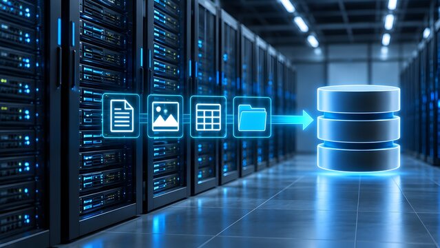 Data Center Server Room with Glowing Digital Database and File Icons Representing Document Management System and Cloud Storage Concept