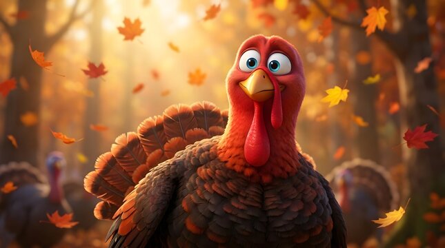 A cute cartoon turkey standing in a beautiful autumn forest with falling leaves to celebrate a very happy thanksgiving holiday