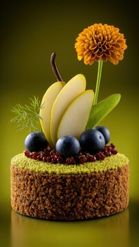 Decorative cake topped with green apple slices, blueberries, and a marigold flower on a textured brown base against a gradient green background
