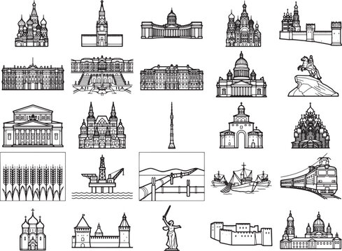 A collection of black and white vector drawings showcases iconic Russian architecture and landmarks, including cathedrals, palaces, monuments, and the Ostankino Tower, presented in a grid layout.