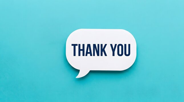 A white speech bubble with the words thank you written in black text isolated on a solid light blue background