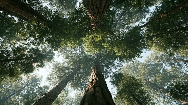 Looking Up Through Giant Redwood Trees Towards the Sunlit Forest Canopy