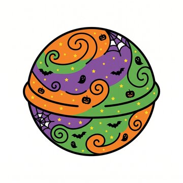 A colorful Halloween bath bomb graphic featuring vibrant swirls of orange, purple, green, jack-o'-lanterns, ghosts, bats, and spider webs on a clean white background.
